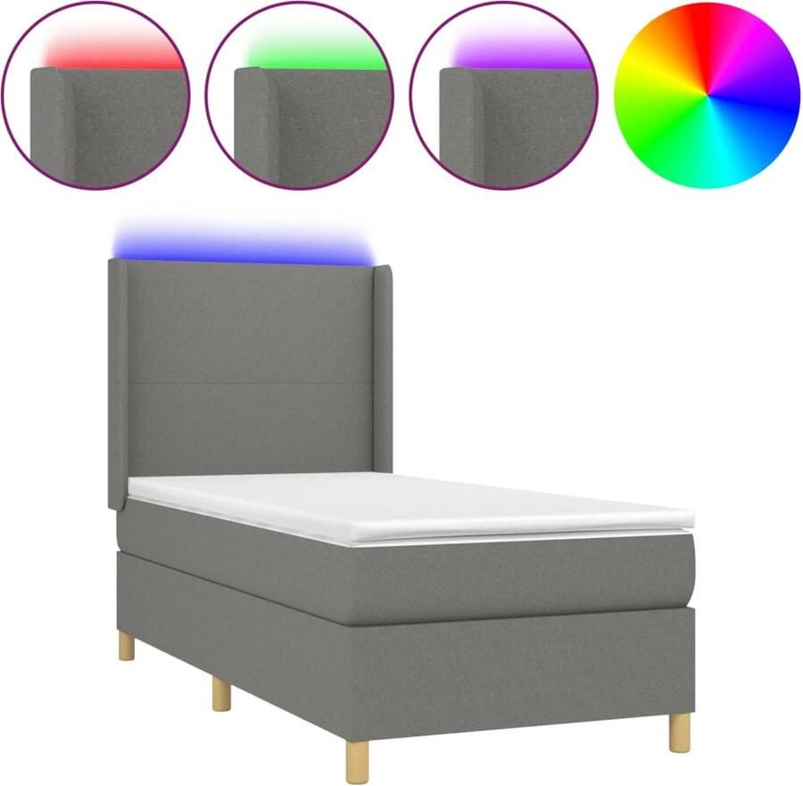 VidaXL Boxspring met LED Stof Donkergrijs 90x200 cm Boxspring Led Bed Donkere Kleuren Slaapcomfort Pocketed Spring Mattress Hoofdbord Adjustable Headboard Design Bed - Foto 2