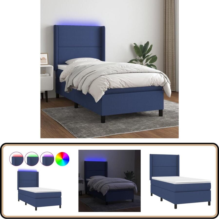 VidaXL Boxspring met LED en matras 100x200 cm Blauw Boxspring Led Bed Slaapcomfort Pocketveer Matras Blauwe Boxspring Tweepersoons Bed Hoofdbord Frame Bed