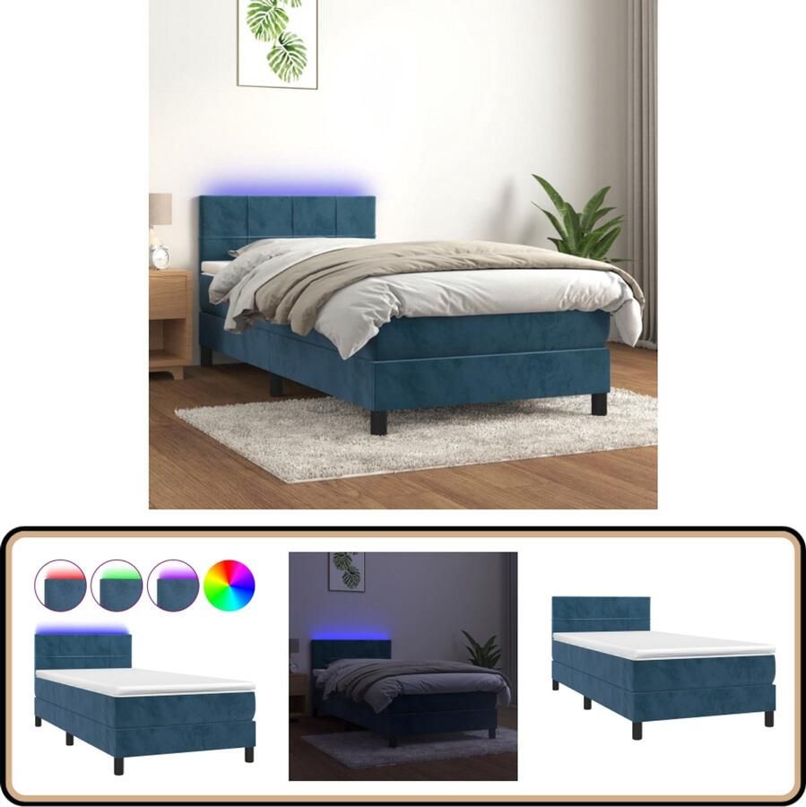 VidaXL Boxspring met LED en matras 100x200 cm Blauw Boxspring Led Bed Velvet Bed Tweepersoons Bed Slaapcomfort