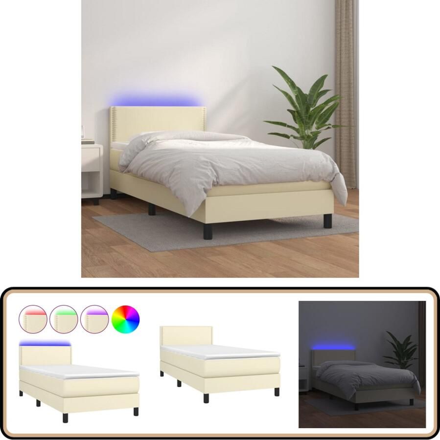 VidaXL Boxspring met LED en matras 100x200 cm Crème Boxspring Lederlook Led Lamp Slaapcomfort Tweepersoonsbed Hoofdbord Adjustable Headboard