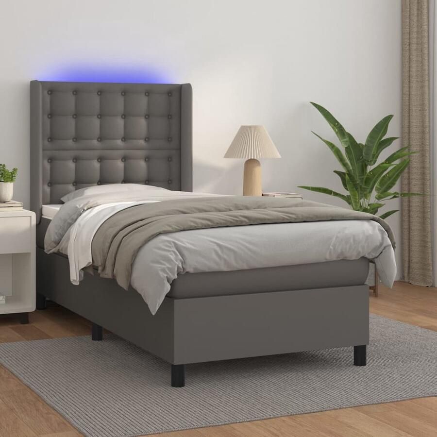 VidaXL Boxspring met matras en LED Kunstleer Grijs Boxspring Bed Grijs Boxspring Led Boxspring Pocketed Spring Mattress Kunstleder Bed Slaapcomfort - Foto 2