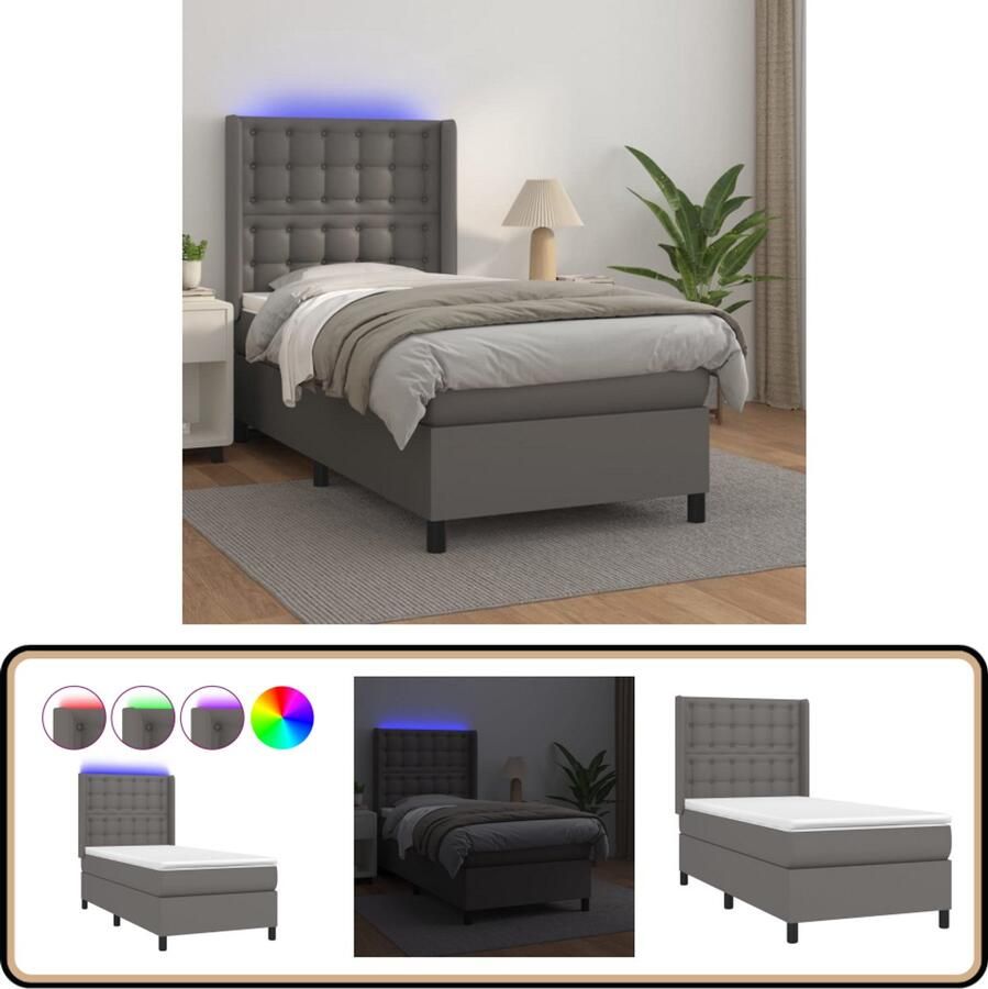 VidaXL Boxspring met matras en LED Kunstleer Grijs Boxspring Bed Grijs Boxspring Led Boxspring Pocketed Spring Mattress Kunstleder Bed Slaapcomfort