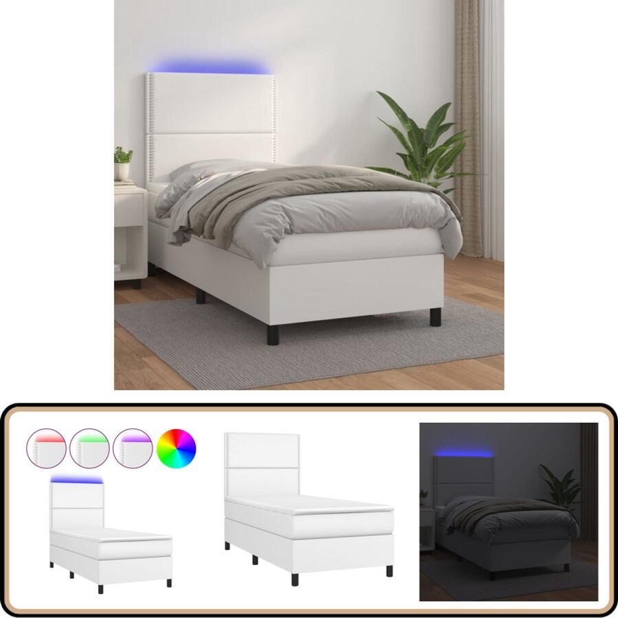 VidaXL Boxspring met LED Kunstleer Wit 90x200 cm Boxspring Bed Frame Lederlook Led Lamp Slaapcomfort Hoofdbord Pocketed Spring Mattress
