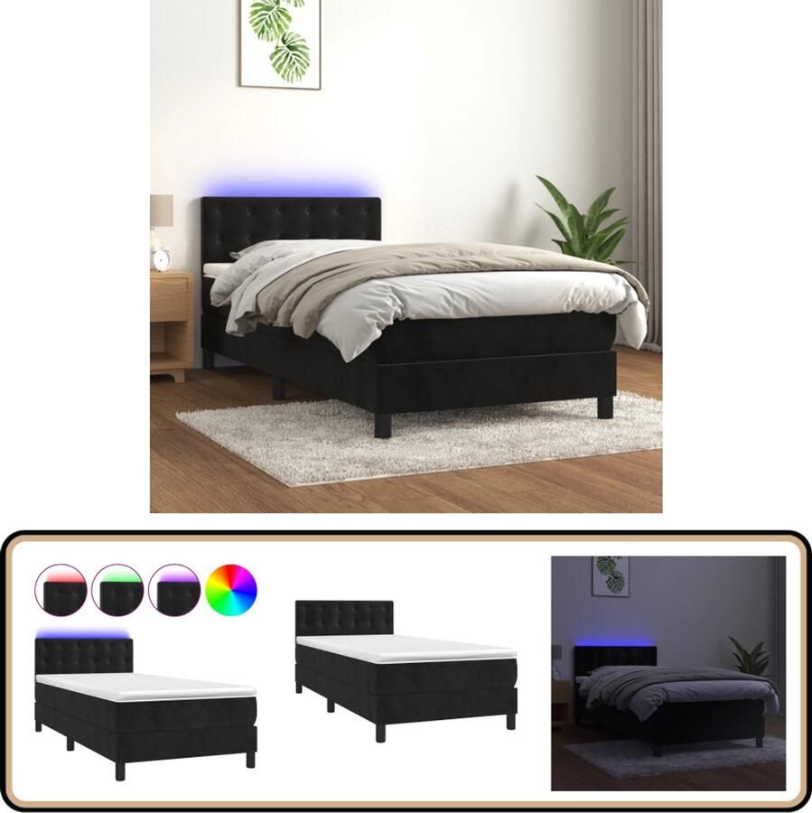 VidaXL Boxspring met LED en matras 100x200 cm Zwart Boxspring Velvet Bed Elektrisch Verstelbare Hoofdbord Led Verlichting Slaapcomfort Tweepersoons Bed King Size Bed