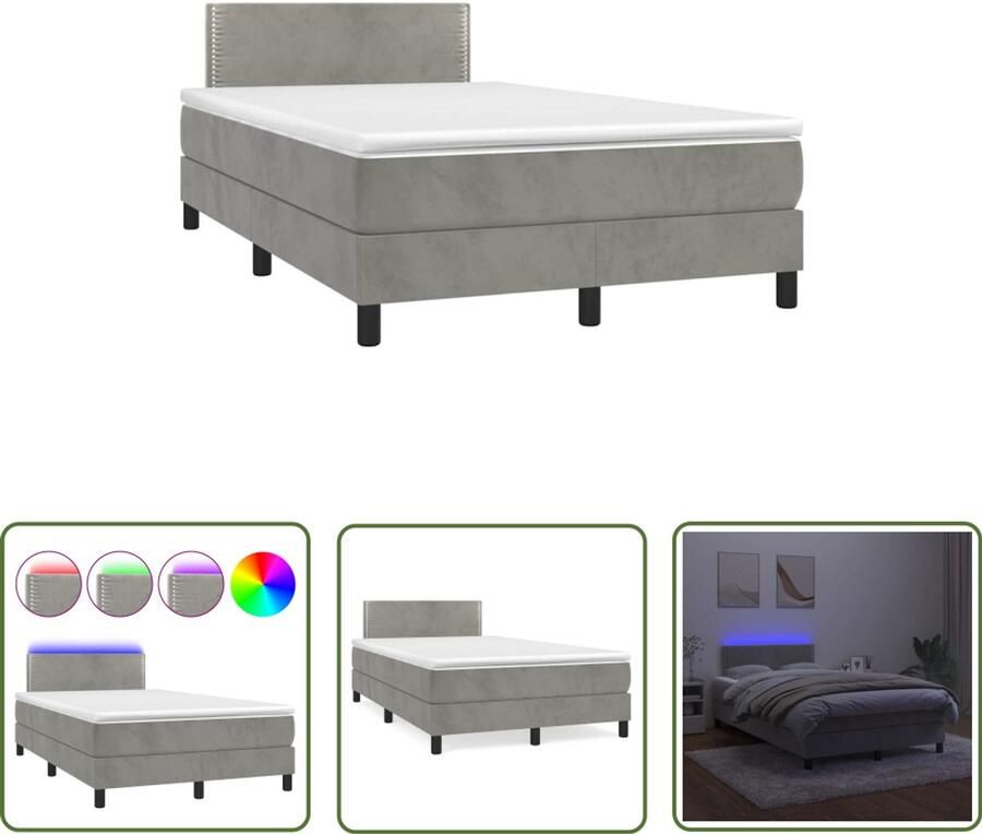 VidaXL Boxspring met LED en matras 120x190 lichtgrijs Boxspring Tweepersoonsbed Grijs Velvet Led Verlichting Slaapcomfort Design Bed Modern Bed