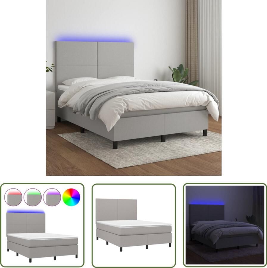VidaXL Boxspring met LED en matras 140x190 cm Boxspring Bed Boxspring Led Lamp Pocketed Spring Mattress Adjustable Headboard Bedroom Furniture Grijs Bed King Size Bed