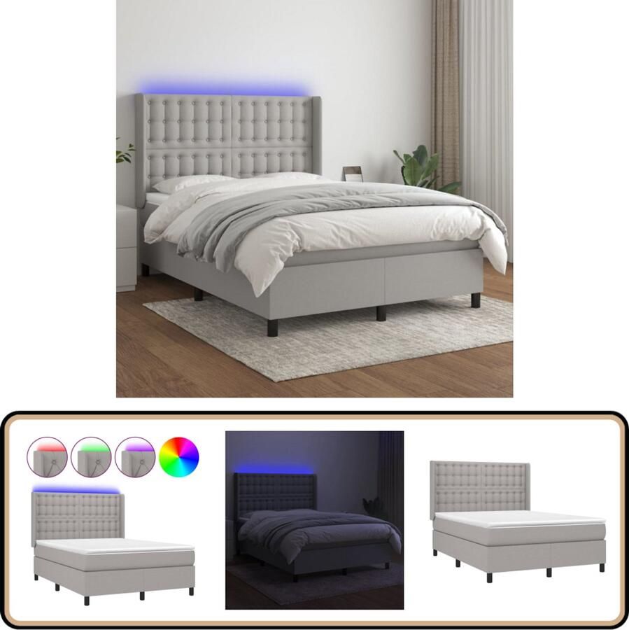 VidaXL Boxspring met LED en matras 140x190 cm Boxspring Bed Led Bed Boxspring Frame Elektrisch Bed King Size Bed Tweepersoons Bed Grijs Bed Design Bed Luxe Bed