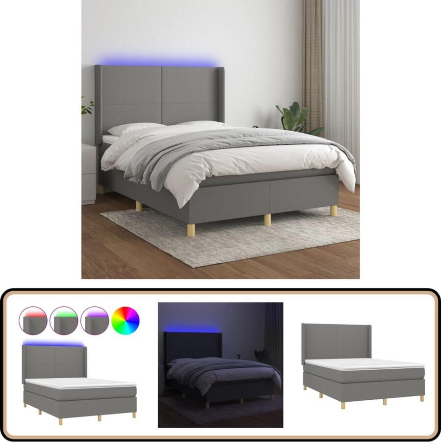 VidaXL Boxspring met LED en matras 140x190 cm Boxspring Led Bed Donkere Kleuren Slaapcomfort Pocketed Veren Topper Hoofdbord Design Bed Bedroom Furniture
