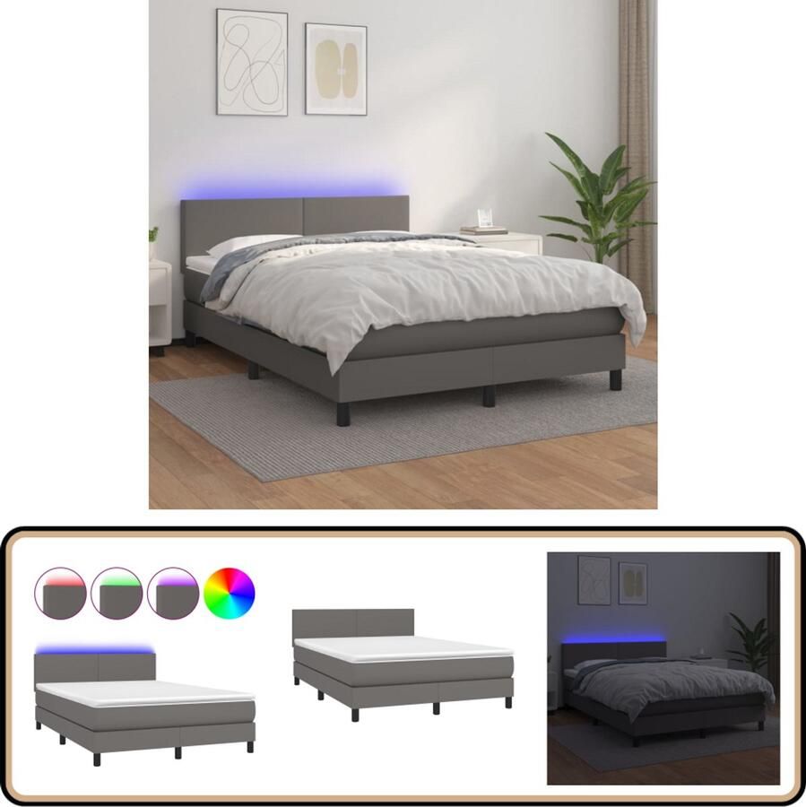 VidaXL Boxspring met LED en matras 140x190 cm Boxspring Led Lamp Kunstleer Slaapcomfort Tweepersoonsbed Groot Formaat Modern Design Bedroom Furniture - Foto 3