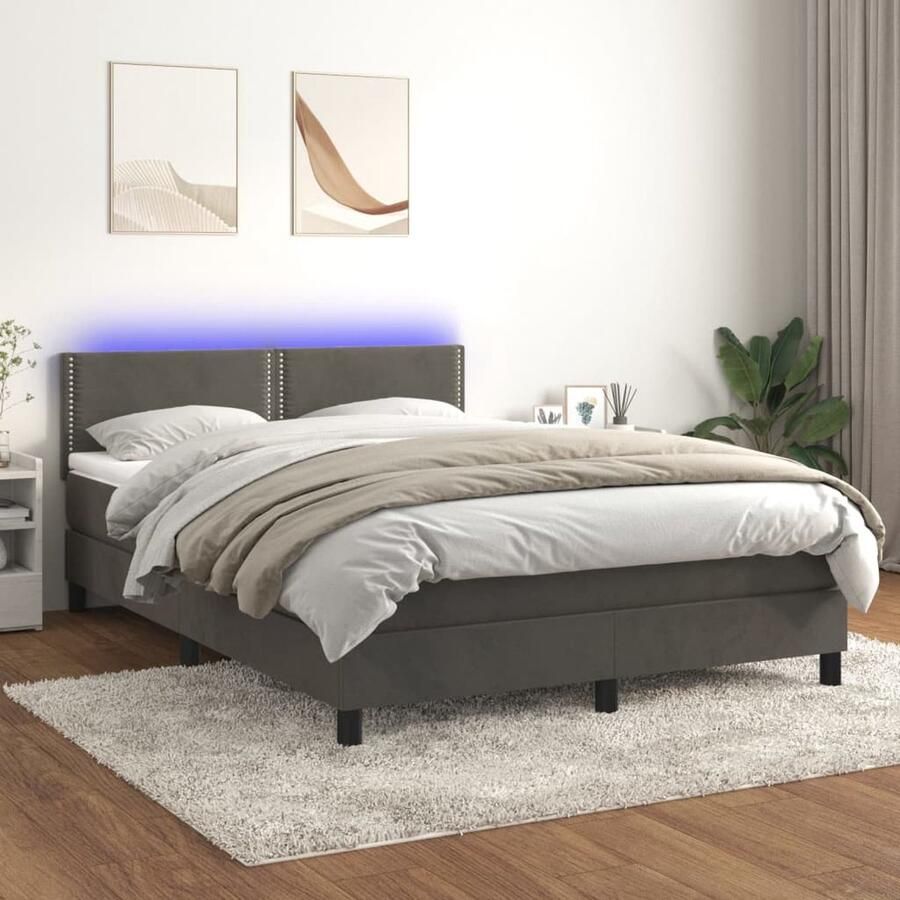 VidaXL Boxspring met LED en matras 140x190 cm Boxspring Tweepersoonsbed Velvet Bed Grijs Bed Led Bed Luxe Bed Boxspring Frame King Size Bed - Foto 2
