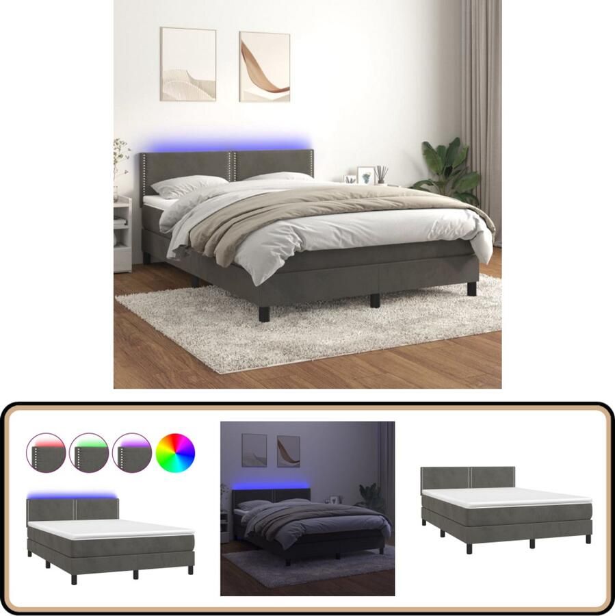 VidaXL Boxspring met LED en matras 140x190 cm Boxspring Tweepersoonsbed Velvet Bed Grijs Bed Led Bed Luxe Bed Boxspring Frame King Size Bed