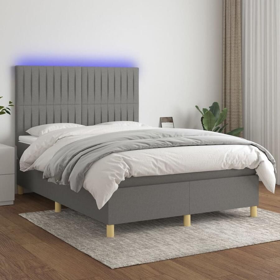 VidaXL Boxspring met LED en matras 140x190 cm Donkergrijs Boxspring Donkere Kleuren Led Verlichting Verstelbare Hoofdbord Slaapcomfort Boxsprings Kopen - Foto 2