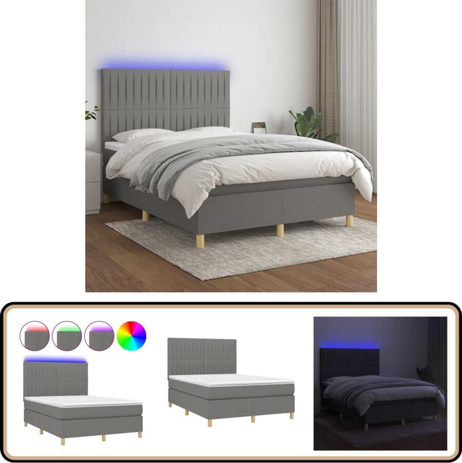 VidaXL Boxspring met LED en matras 140x190 cm Donkergrijs Boxspring Donkere Kleuren Led Verlichting Verstelbare Hoofdbord Slaapcomfort Boxsprings Kopen
