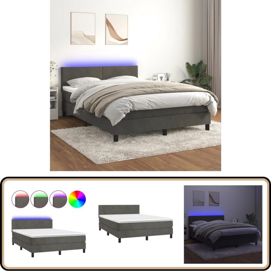 VidaXL Boxspring met LED en matras 140x190 cm Donkergrijs Boxspring Pocketvering Led Lamp Velvet Grijs