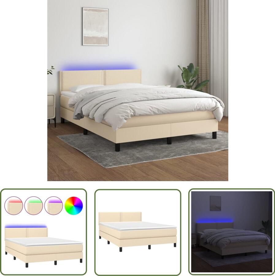 VidaXL Boxspring met matras en LED 140x190 cm crème Boxspring Led Boxspring Creme Boxspring Met Matras Adjustable Headboard Pocketed Spring Mattress