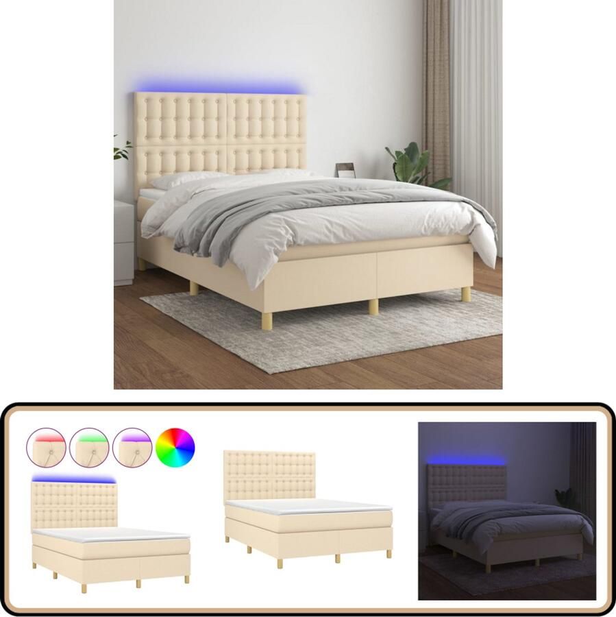 VidaXL Boxspring met LED en Matras 140x200 cm Crème Boxspring Led Boxspring Creme Boxspring Pocketvering Boxspring Frame Slaapcomfort Bedroom Furniture