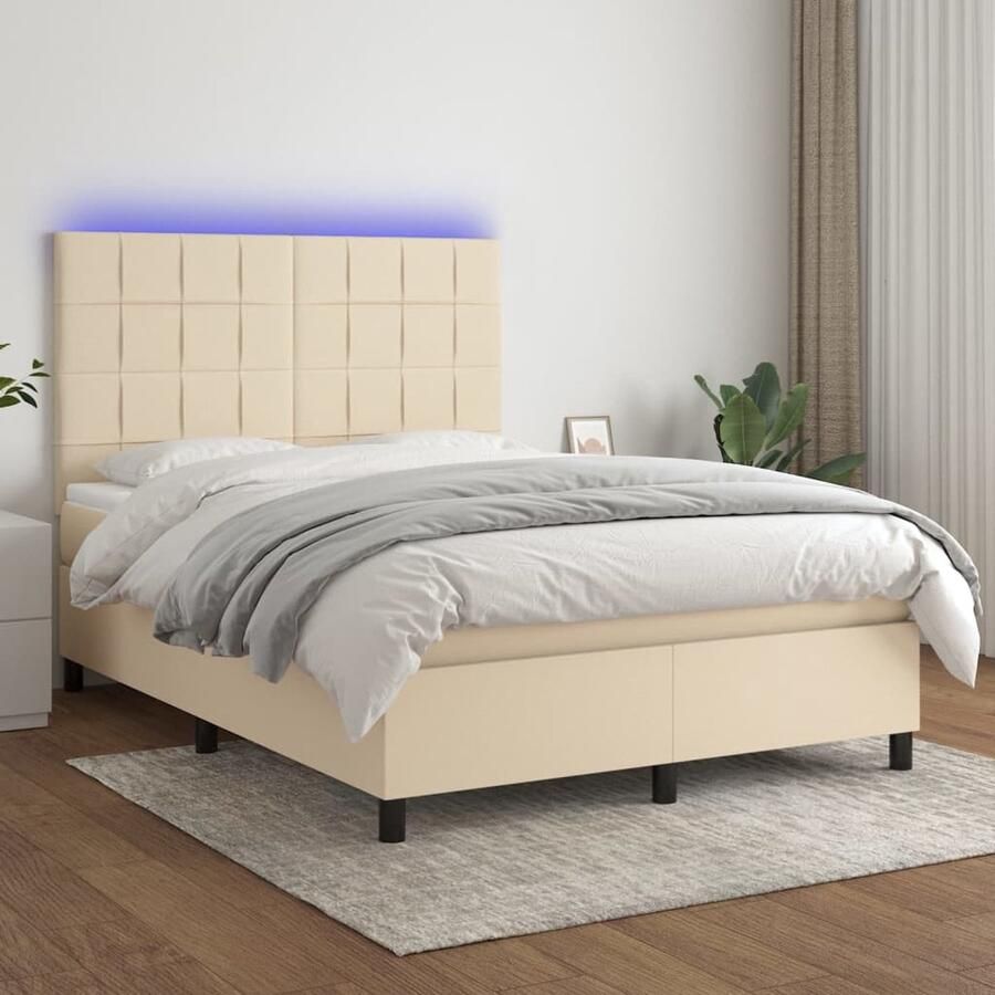 VidaXL Boxspring met LED en matras 140x200 cm Crème Boxspring Led Lamp Boxsprings Bedroom Furniture Creme Kleuren Pocketed Spring Mattress Adjustable Headboard Sustainable Materials - Foto 2