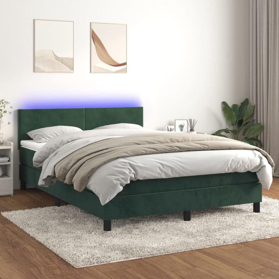 VidaXL Boxspring met LED en Matras 140x200 cm Groen Boxspring Boxsprings Velvet Bed Dark Green Bed Led Bed Adjustable Headboard Pocketed Spring Mattress Luxury Bedroom Furniture - Foto 2