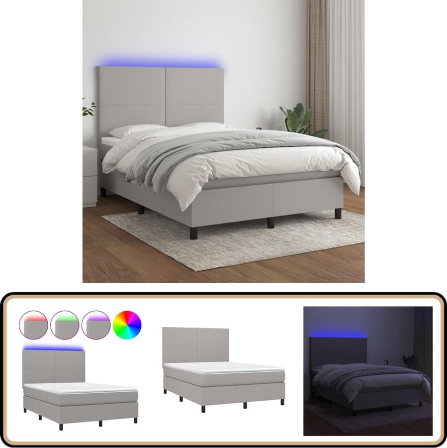 VidaXL Boxspring met LED en matras 140x200 cm Lichtgrijs Boxspring Bed Led Verlichting Slaapcomfort Pocketed Veren Matras Hoofdbord Grijs Bed Tweepersoons Bed