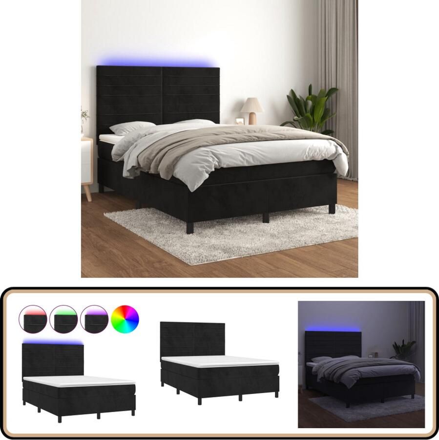 VidaXL Boxspring met LED en matras 140x200 cm Zwart Boxspring Led Bed Velvet Bed Tweepersoons Bed Zwarte Boxspring Slaapcomfort