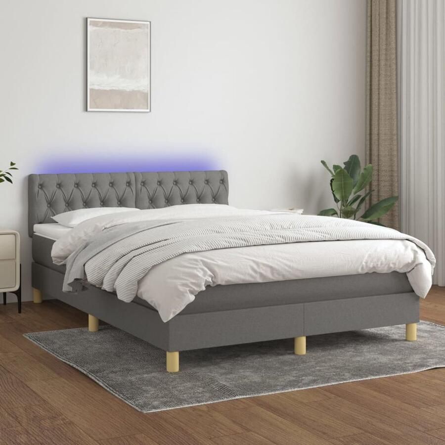 VidaXL Boxspring met matras en LED Donkergrijs 140x190 cm Boxspring Led Bed Donkere Kleuren Slaapcomfort Pocketed Veren Frame Bed Hoofdbord Bedroom Decor - Foto 2