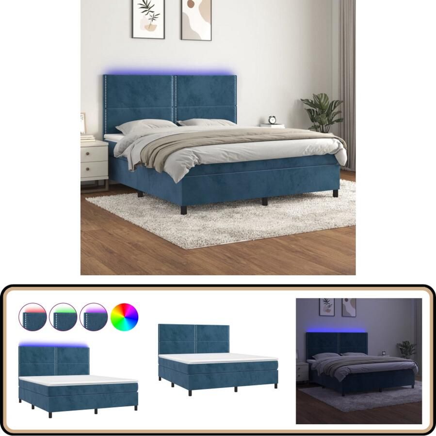 VidaXL Boxspring met LED en matras 160x200 Blauw Boxspring Led Verlichting Fluweel Tweepersoonsbed Slaapcomfort Hoofdboard Pocketed Veren
