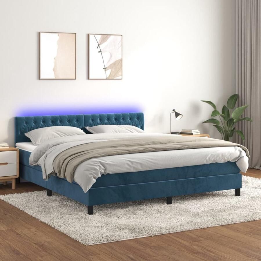 VidaXL Boxspring met matras en LED Fluweel Donkerblauw Boxspring Bed Led Bed Fluweel Bed Tweepersoons Bed Donkere Kleuren Slaapkamerstijl Comfortabel Bed Boxspring Kopen - Foto 2