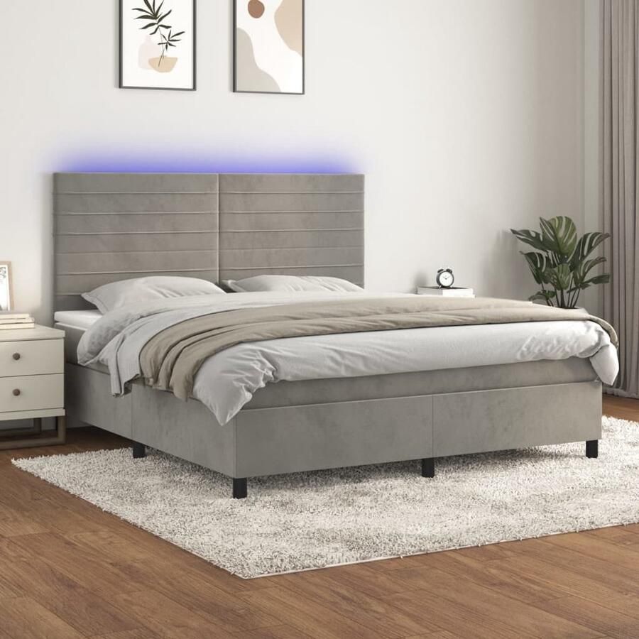 VidaXL Boxspring met LED en Matras 160x200 cm Boxspring Bed Fluweel Bed Led Bed Tweepersoons Bed Grijs Bed Slaapcomfort - Foto 2