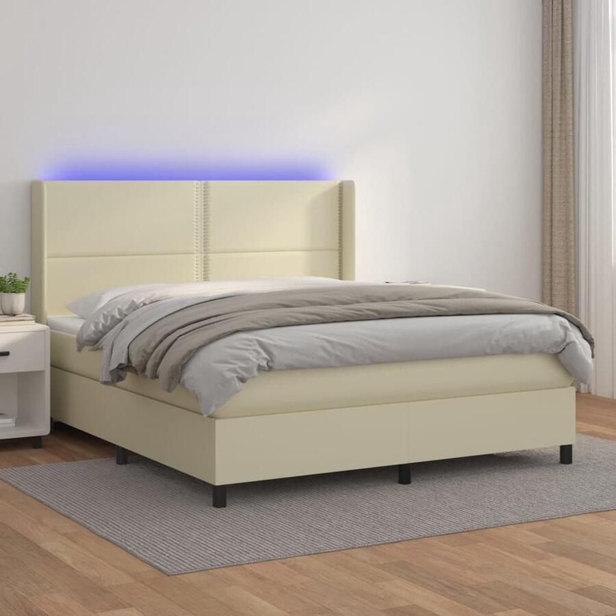 VidaXL Boxspring met LED en matras 160x200 cm Boxspring Bed Leder Look Bed Creme Bed Led Bed Pocketed Spring Mattress Adjustable Headboard