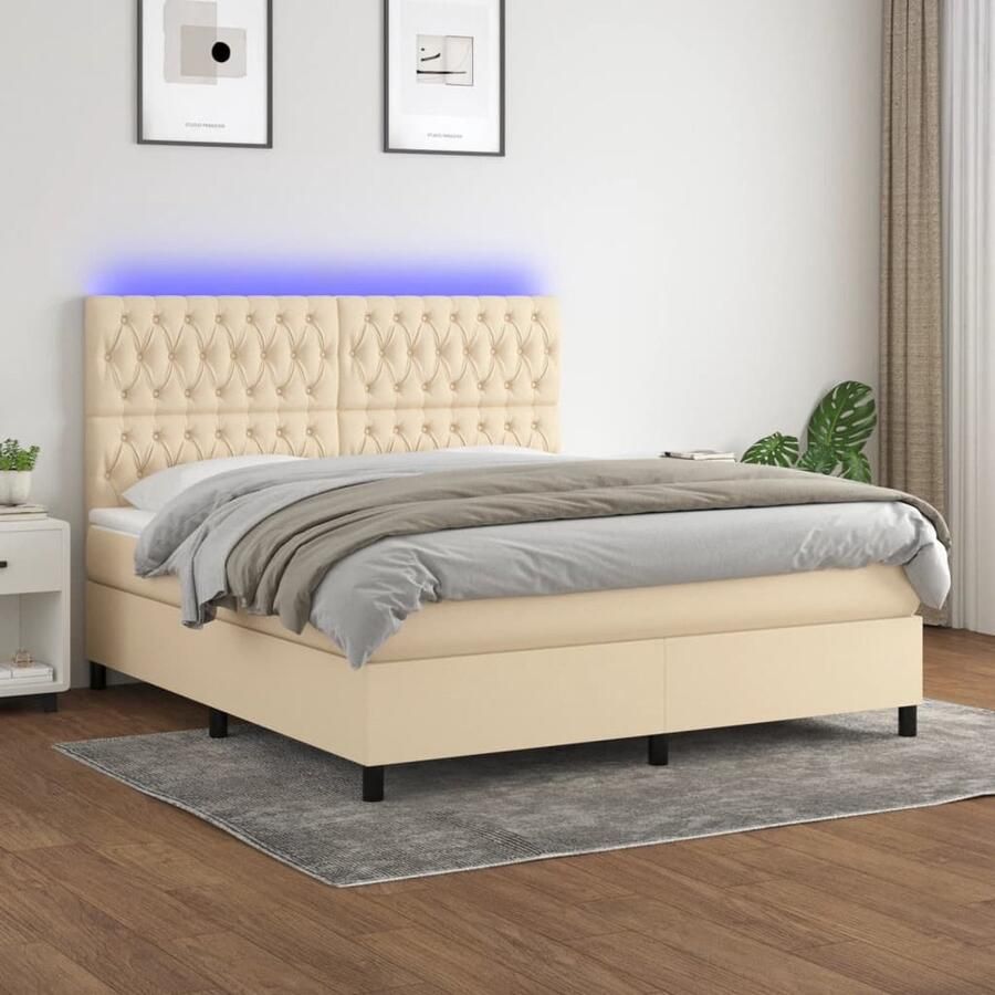 The Living Store Boxspring LED 203 x 160 x 118 128 cm Crème Pocketvering matras Huidvriendelijk topmatras Kleurrijke LED-verlichting Boxspring Led Bed Creme Bed Tweepersoonsbed Pocketed Spring Mattress - Foto 3