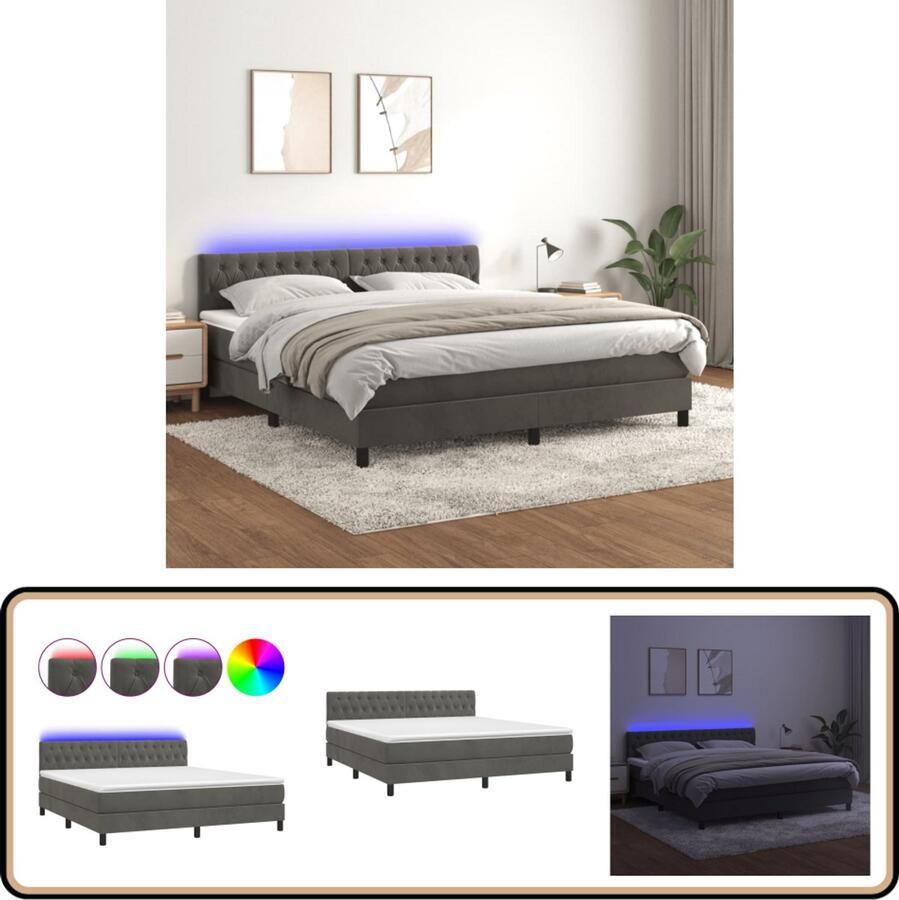 VidaXL Boxspring met LED en matras 160x200 cm Donkergrijs Boxspring Donkere Kleuren Velvet Led Verlichting Elektrisch Verstelbare Hoofdbord