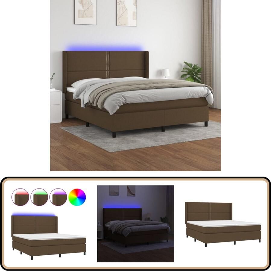 VidaXL Boxspring met LED en matras 180x200 cm Donkerbruin Boxspring Bed Led Bed Pocketed Spring Mattress Dark Brown Bed Bedroom Furniture
