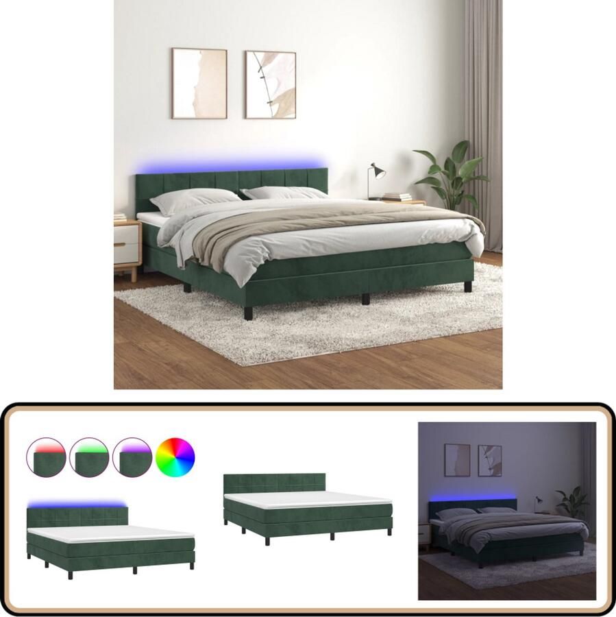 VidaXL Boxspring met LED en matras 180x200 cm Fluweel Boxspring Fluweel Bed Led Bed Donkere Groene Bed Tweepersoons Bed