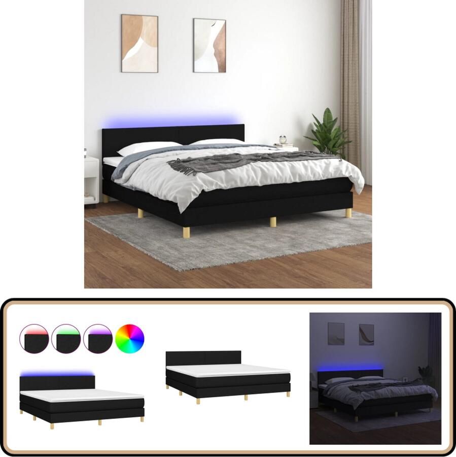 VidaXL Boxspring met LED en matras 180x200 cm Zwart Boxspring Led Bed Boxspring Met Led Slaapcomfort Pocketed Veren