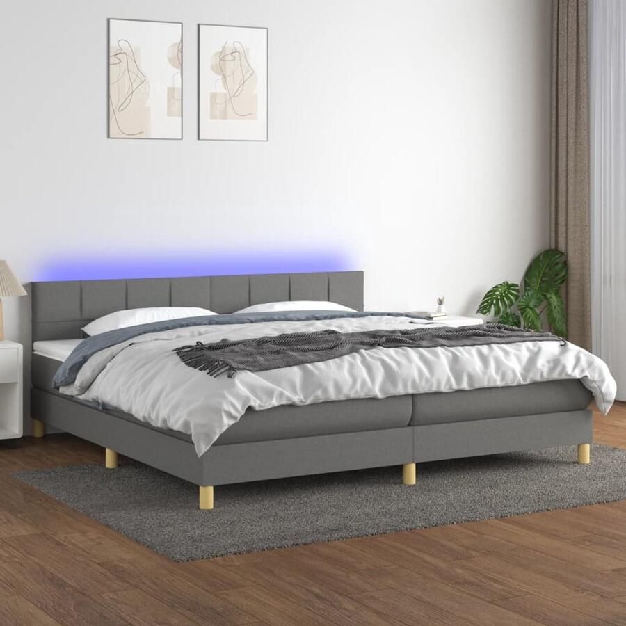 VidaXL Boxspring met LED en matras 200x200 cm Donkergrijs Boxspring Donkere Kleuren Led Lamp Pocketed Veren Slaapcomfort Hoofdbord Tweepersoonsbed - Foto 2