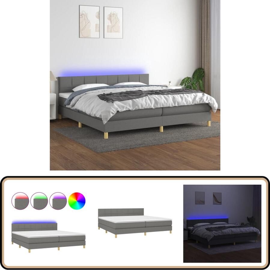 VidaXL Boxspring met LED en matras 200x200 cm Donkergrijs Boxspring Donkere Kleuren Led Lamp Pocketed Veren Slaapcomfort Hoofdbord Tweepersoonsbed