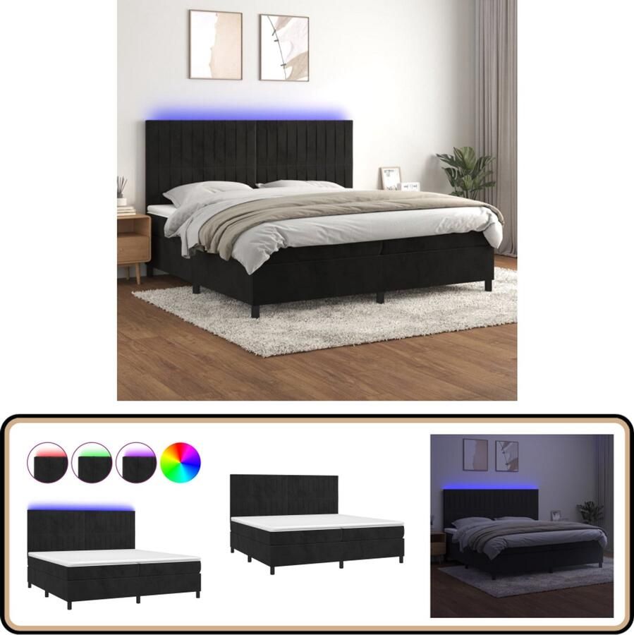 VidaXL Boxspring met LED en matras 200x200 cm Zwart Boxspring Velvet Bed Led Bed Tweepersoonsbed King Size Bed Zware Boxspring Luxe Bed Boxspring Frame