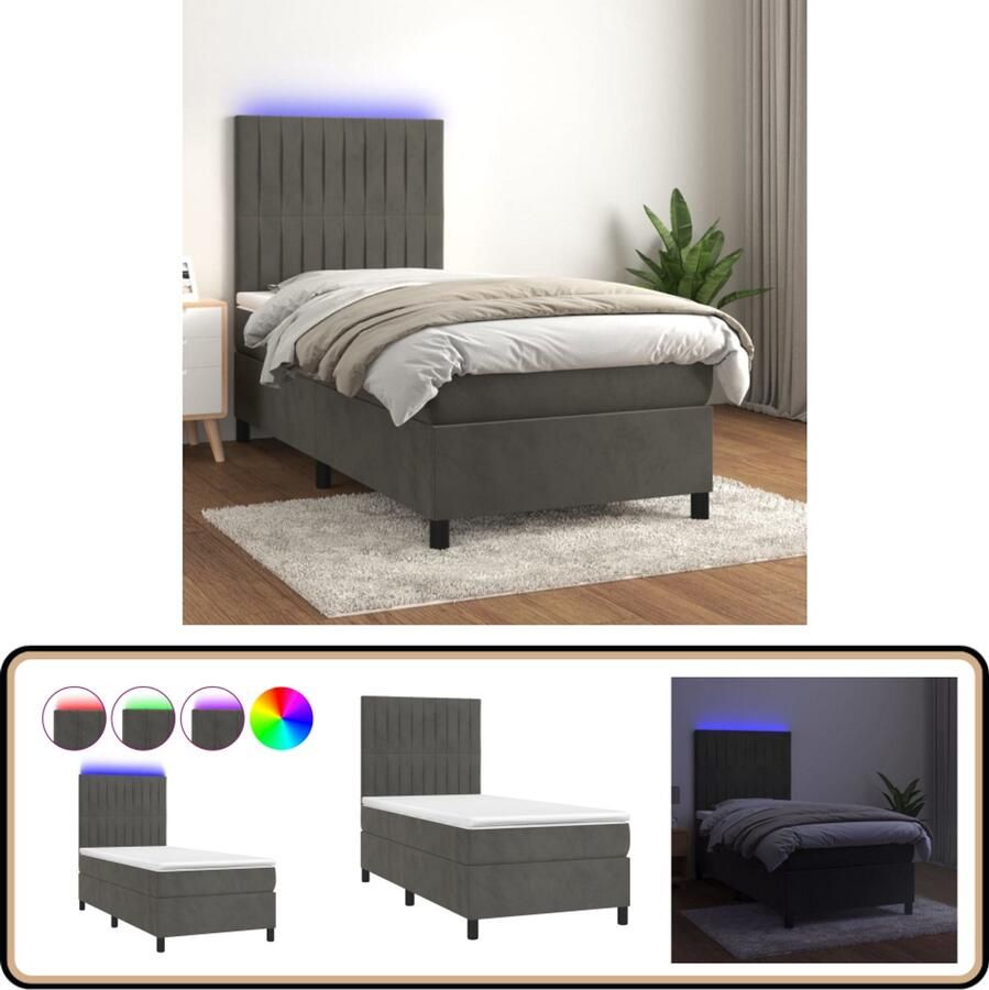 VidaXL Boxspring met LED en Matras 80x200 cm Grijs Boxspring Velvet Bed Donkere Kleuren Led Lamp Tweepersoonsbed King Size Bed Bedroom Furniture Slaapkamerinrichting