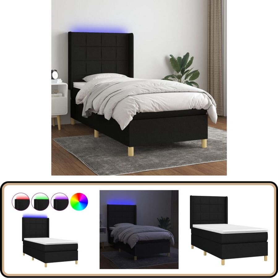 VidaXL Boxspring met matras en LED 100x200 cm Zwart Boxspring Led Boxspring Met Led Zwarte Boxspring Tweepersoons Boxspring