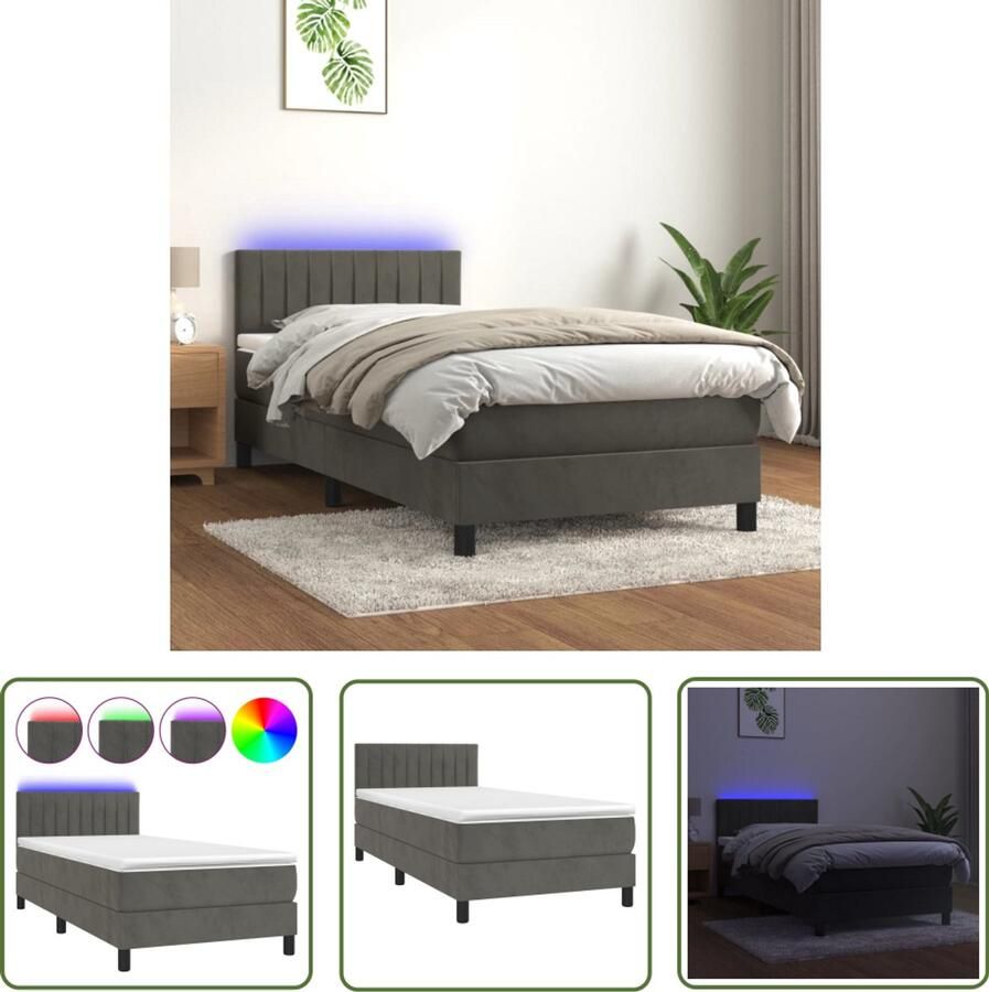 VidaXL Boxspring met LED en matras 90x190 cm Boxspring Bed Donkere Kleuren Velvet Bed Led Lampen Elektrisch Verstelbare Hoofdbord Pocketed Spring Mattress Slaapcomfort