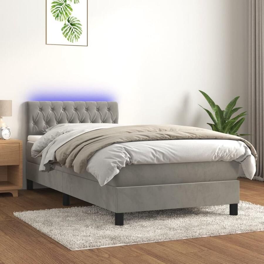 VidaXL Boxspring met LED en matras 90x190 cm Boxspring Led Bed Fluweel Bed Tweepersoonsbed Grijs Bed Pocketed Spring Mattress - Foto 2