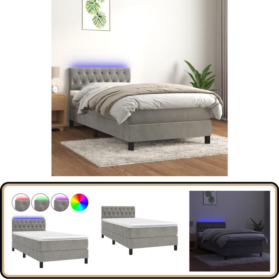 VidaXL Boxspring met LED en matras 90x190 cm Boxspring Led Bed Fluweel Bed Tweepersoonsbed Grijs Bed Pocketed Spring Mattress