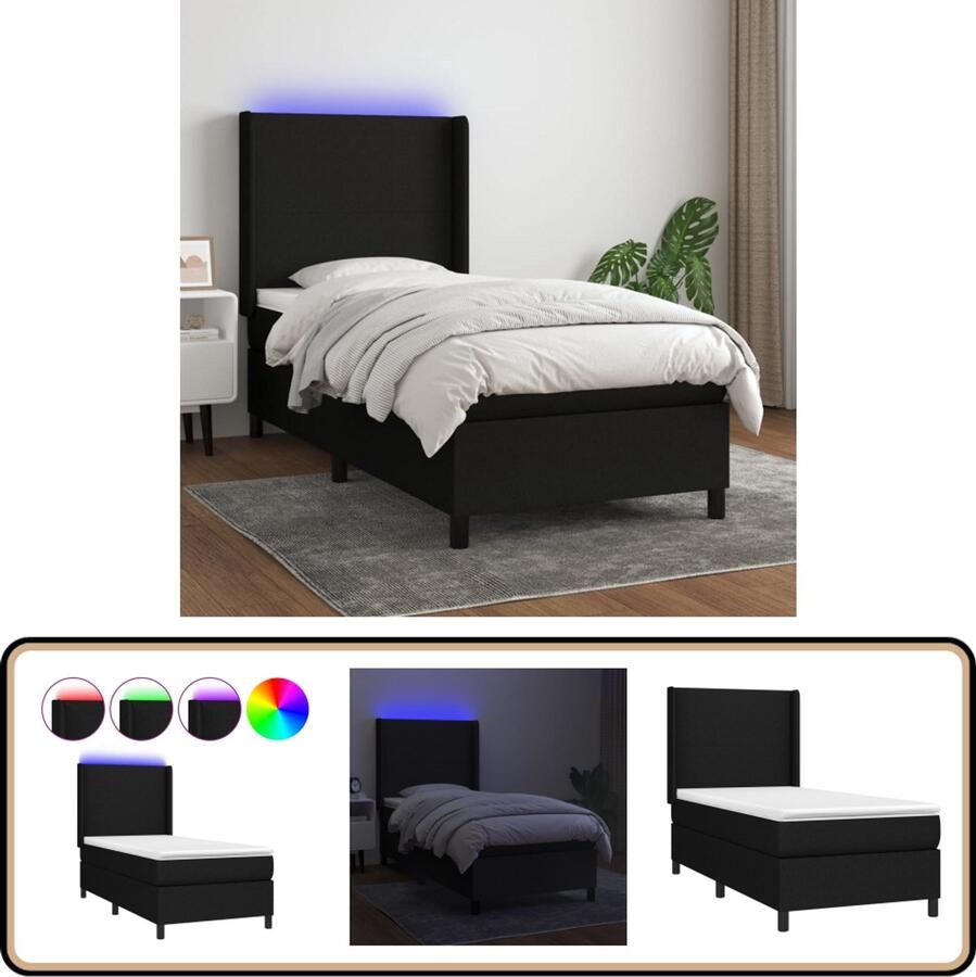 VidaXL Boxspring met LED en Matras 90x190 cm Zwart Boxspring Led Lamp Verstelbare Hoofdbord Pocketvering Matras Huidgevend Topmatras