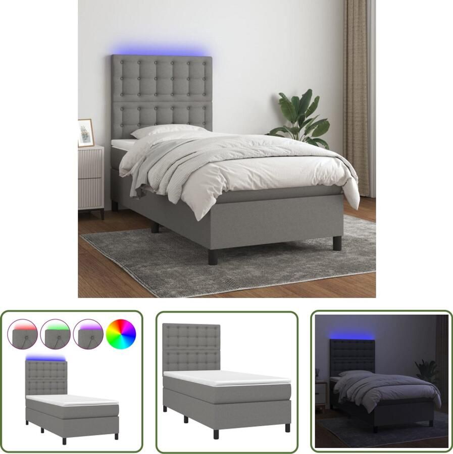 VidaXL Boxspring met LED Donkergrijs 80x200 cm Boxspring Bed Led Bed Donkere Grijze Boxspring Pocketveer Matras Lederlook Bed Slaapcomfort Hoofdbord Regolabele Hoogte - Foto 2