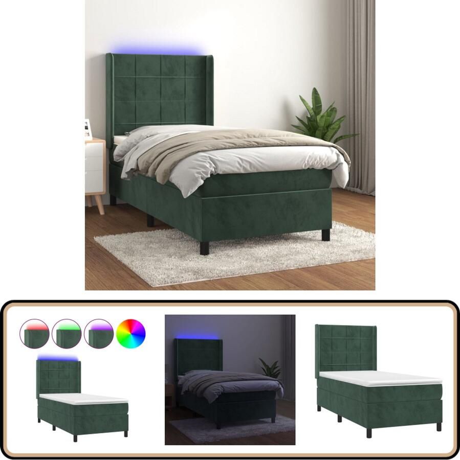 VidaXL Boxspring met LED en matras 90x200 cm Groen Boxspring Fluweel Bed Led Bed King Size Bed Tweepersoons Bed