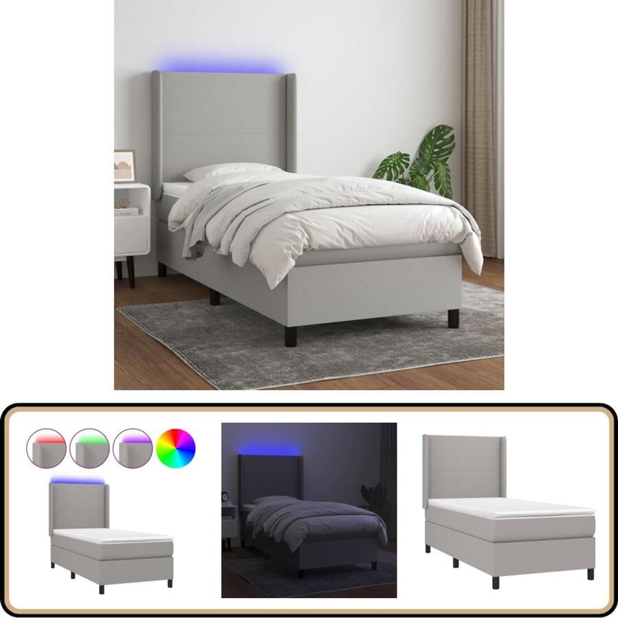 VidaXL Boxspring Met LED en Matras 90x200 cm Lichtgrijs Boxspring Led Bed Boxspring Frame Slaapcomfort Pocketed Spring Mattress