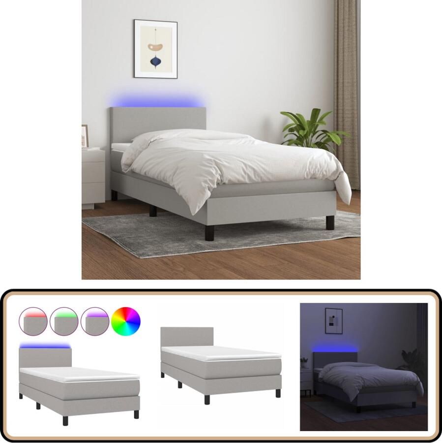 VidaXL Boxspring met LED en Matras 90x200 cm Lichtgrijs Boxspring Led Bed Slaapcomfort Pocketed Spring Mattress Grijs Bed