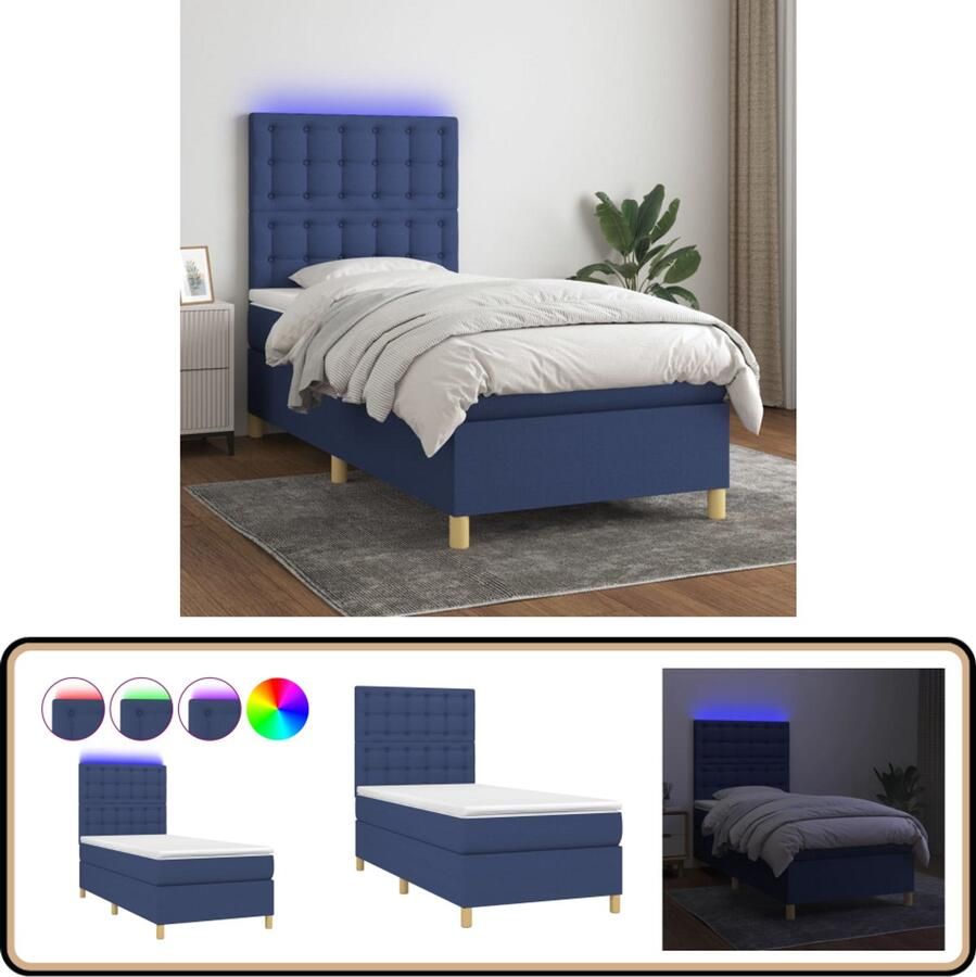 VidaXL Boxspring met LED en matras Blauw 100x200 cm Boxspring Led Bed Verstelbare Hoofdbord Pocketvering Matras Huidevriendelijk Blauwe Boxspring