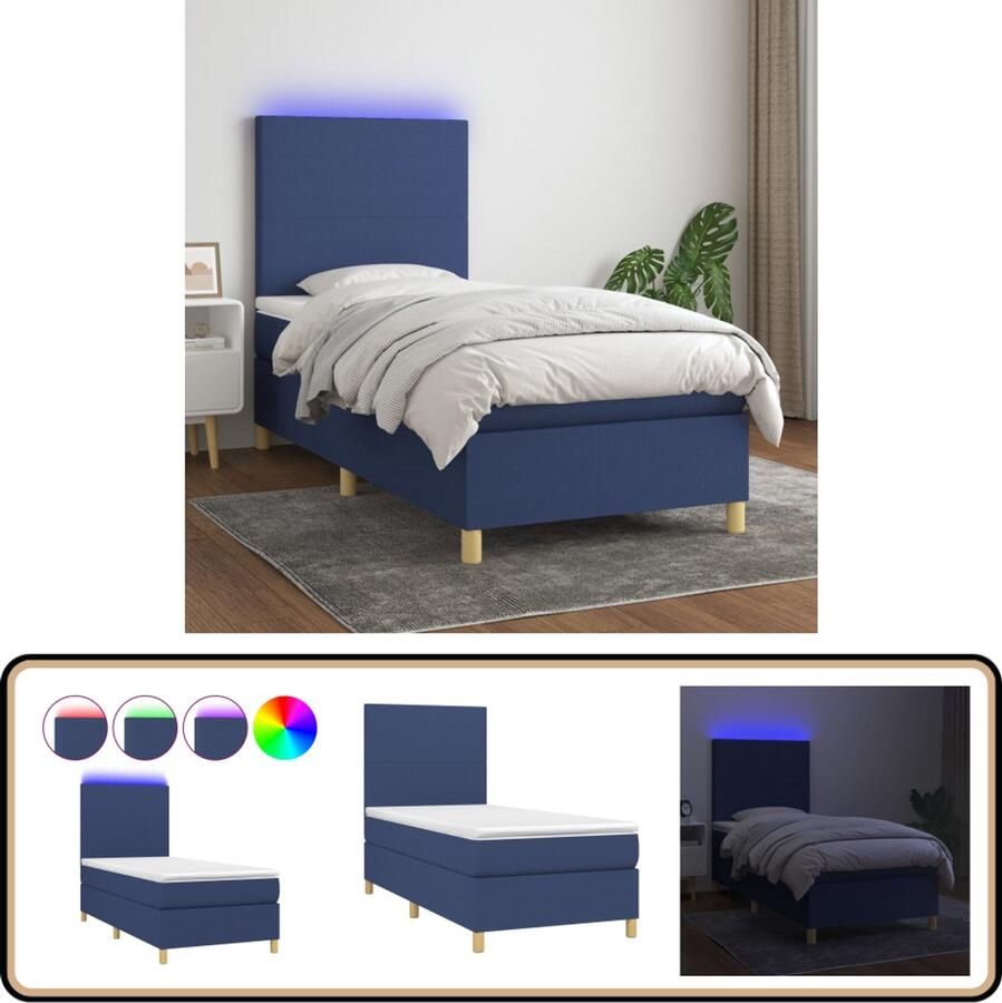 VidaXL Boxspring met matras en LED Blauw 90x200 cm Boxspring Bed Led Lamp Slaapcomfort Tweepersoonsbed Blauwe Kamerdecoratie Modern Bed Pocketed Spring Mattress