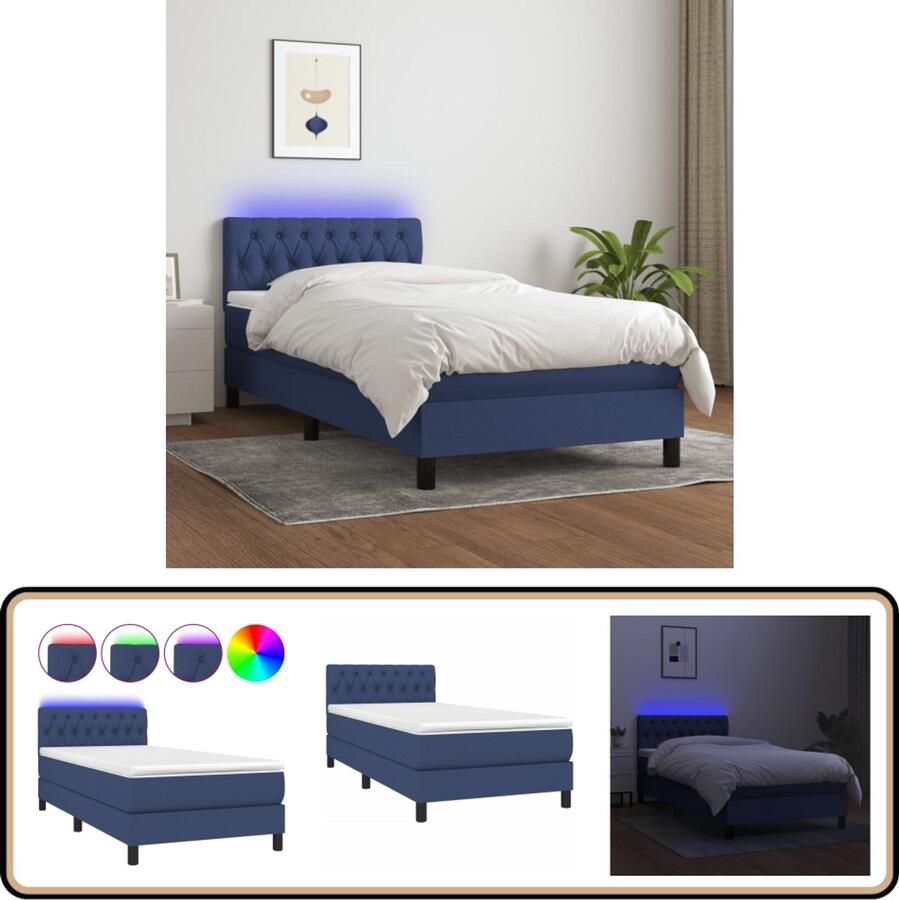 VidaXL Boxspring met LED en matras Blauw 100x200 cm Boxspring Slaapcomfort Led Lampje Verstelbare Hoofdbord Pocketvering Blauwe Boxspring Tweepersoons Bed